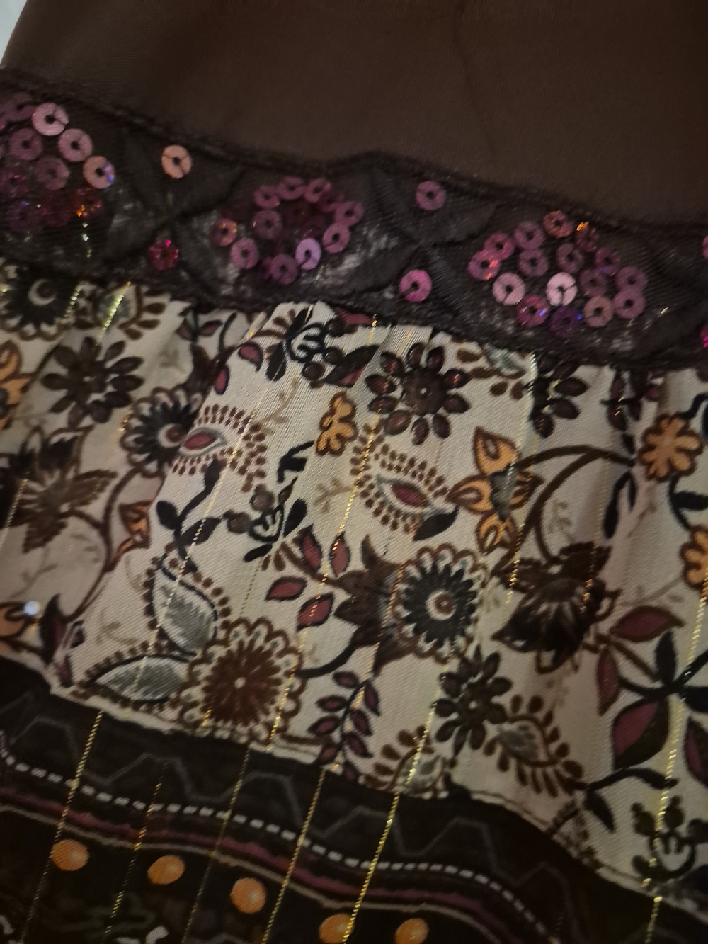 Sweet Lily Elastic Waist Floral Brown Tiered Midi Skirt - Size L - Picture 8 of 12